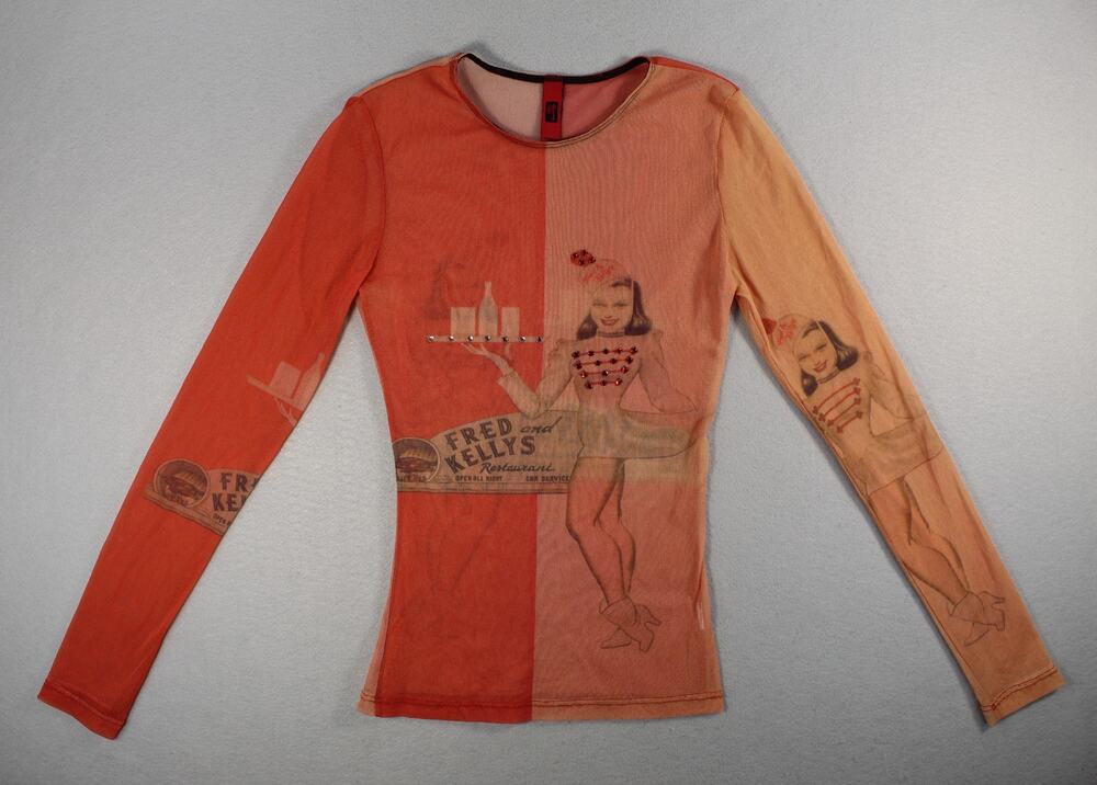 Just In Time Y2K Rhinestone Mesh Top Women's Small Americana Long Sleeve Sheer